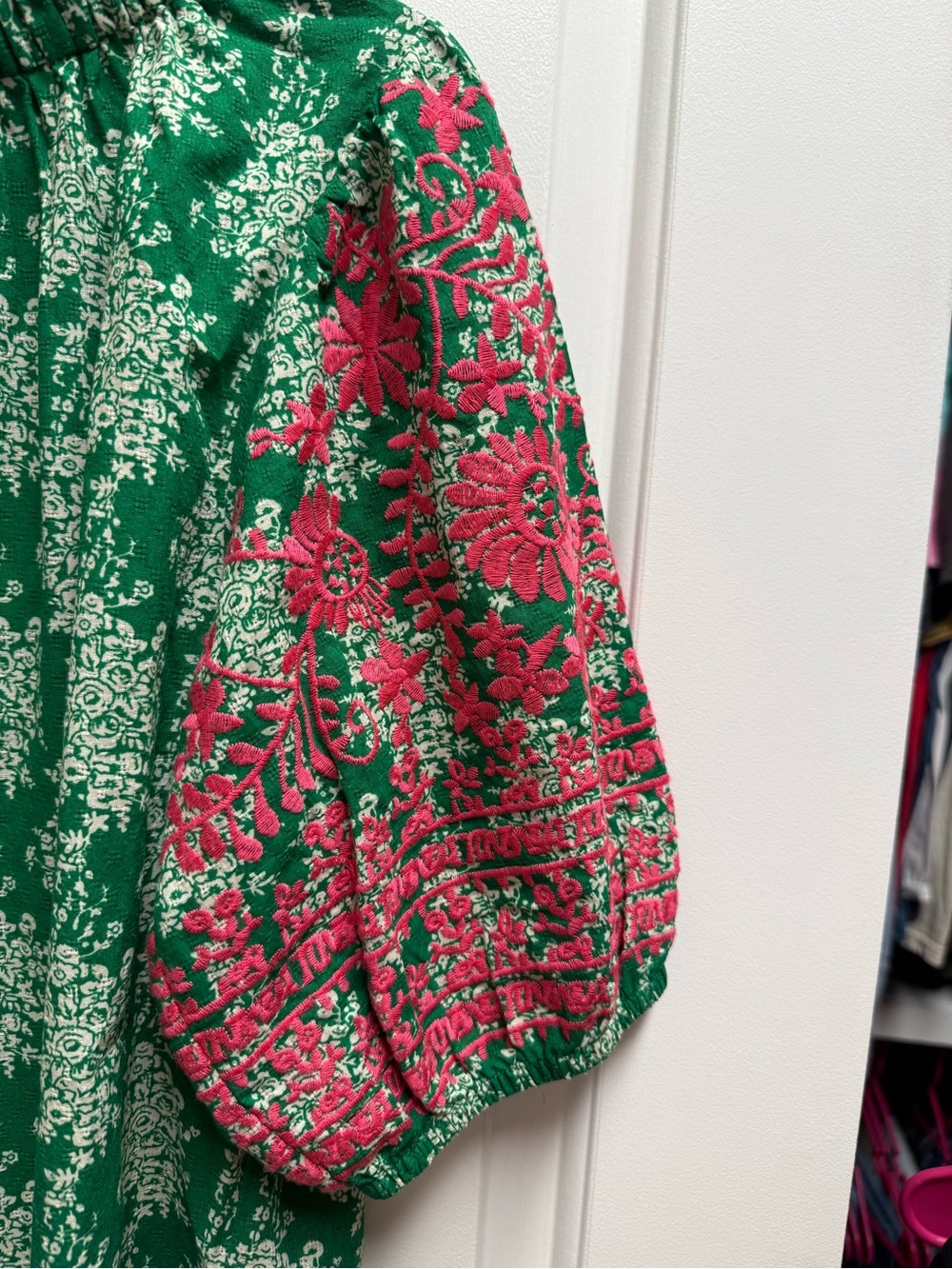 THML Green Floral Pink Embroidered Lace Sleeve Boho Blouse Small NWOT - Picture 3 of 11
